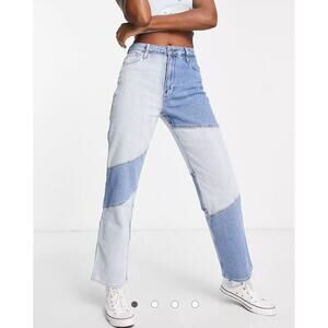 Hollister Patchwork Straight Leg Jeans Blue Two Tone Denim Size 25